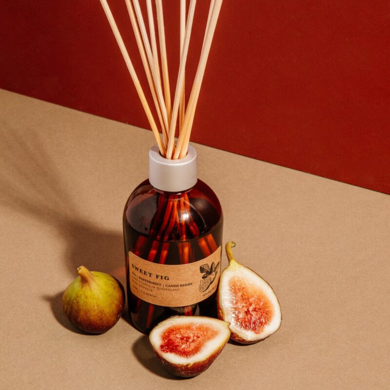 Sweet Fig Diffuser in Amber bottle surrounded by natural fresh figs